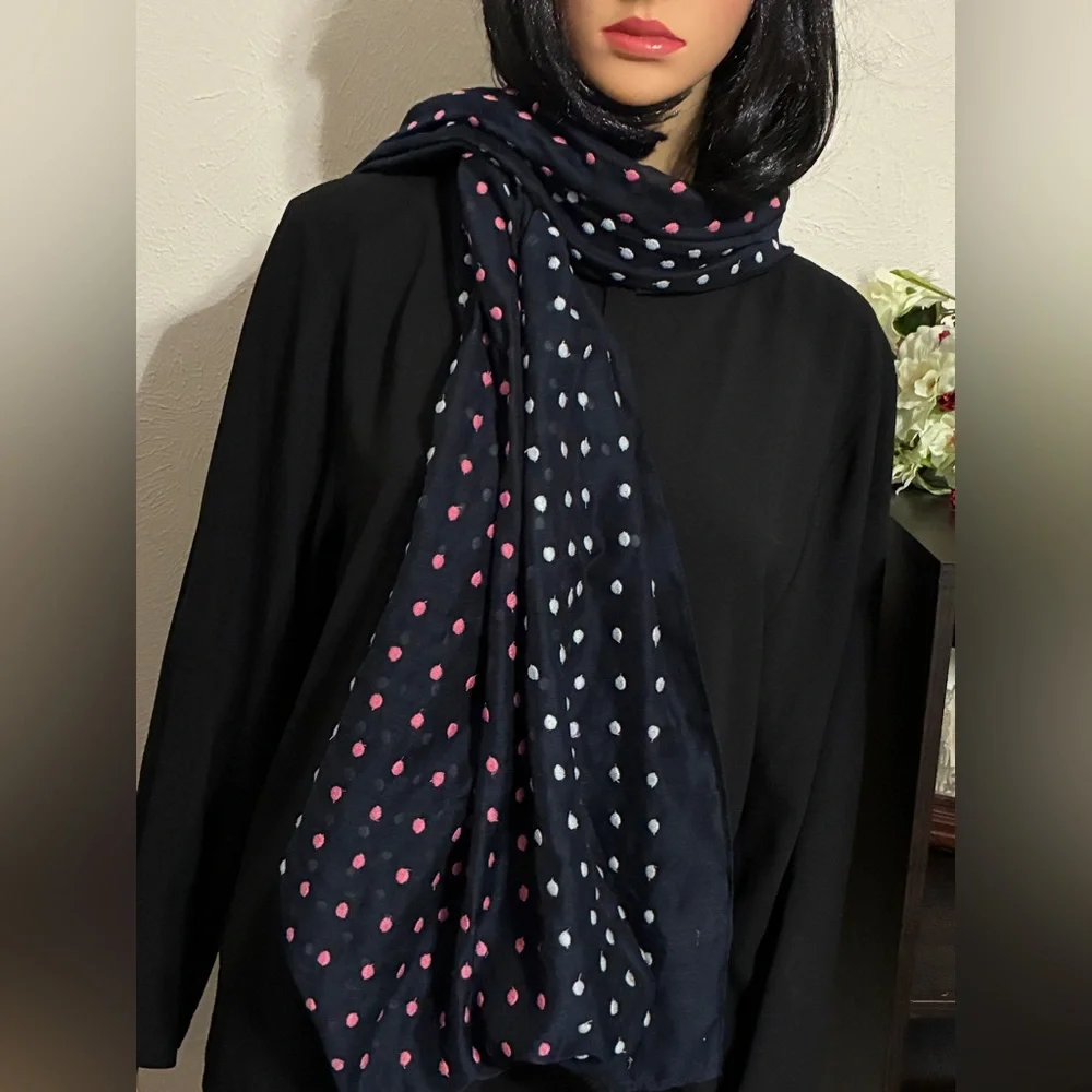 Flocked Polka Dot Sheer Fringe Stole 27x70 Navy Pink White 27x70 Boho Chic